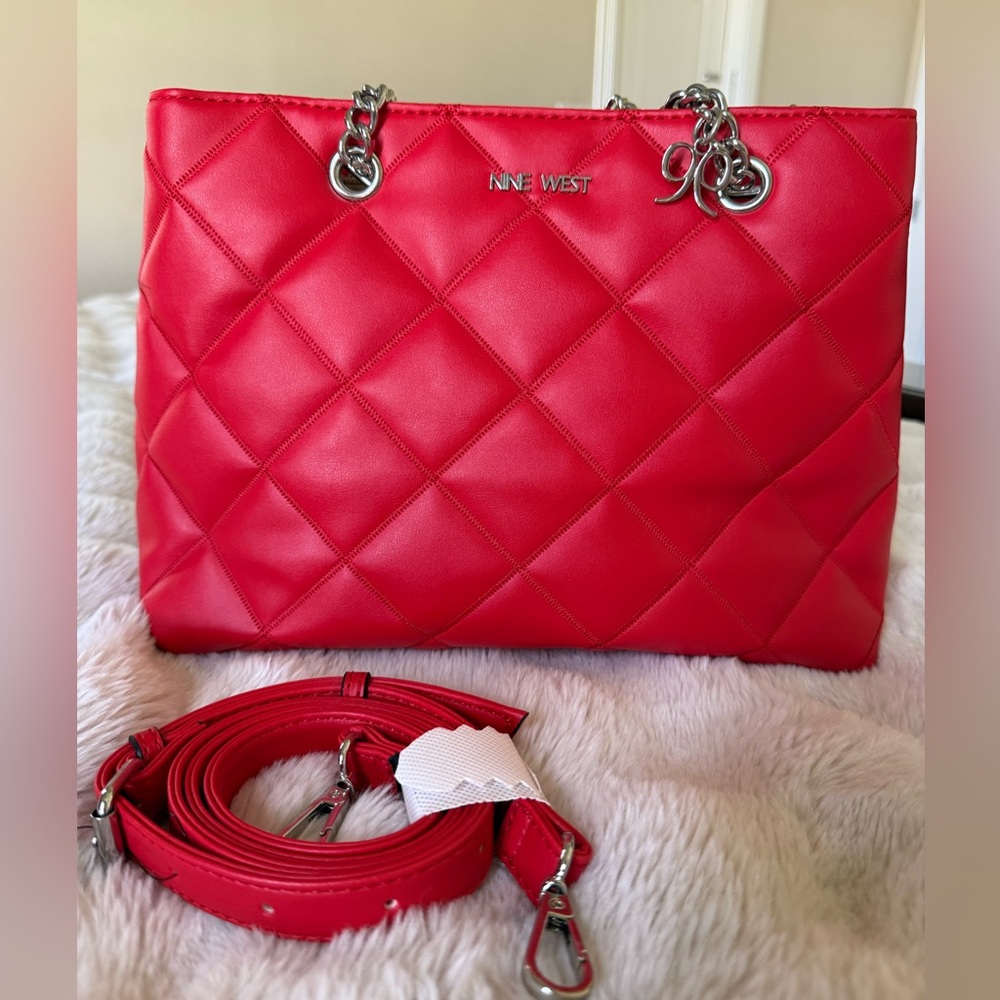 Nine West Red Quilted Tote Bag Convertible Shoulder / Crossbody Purse